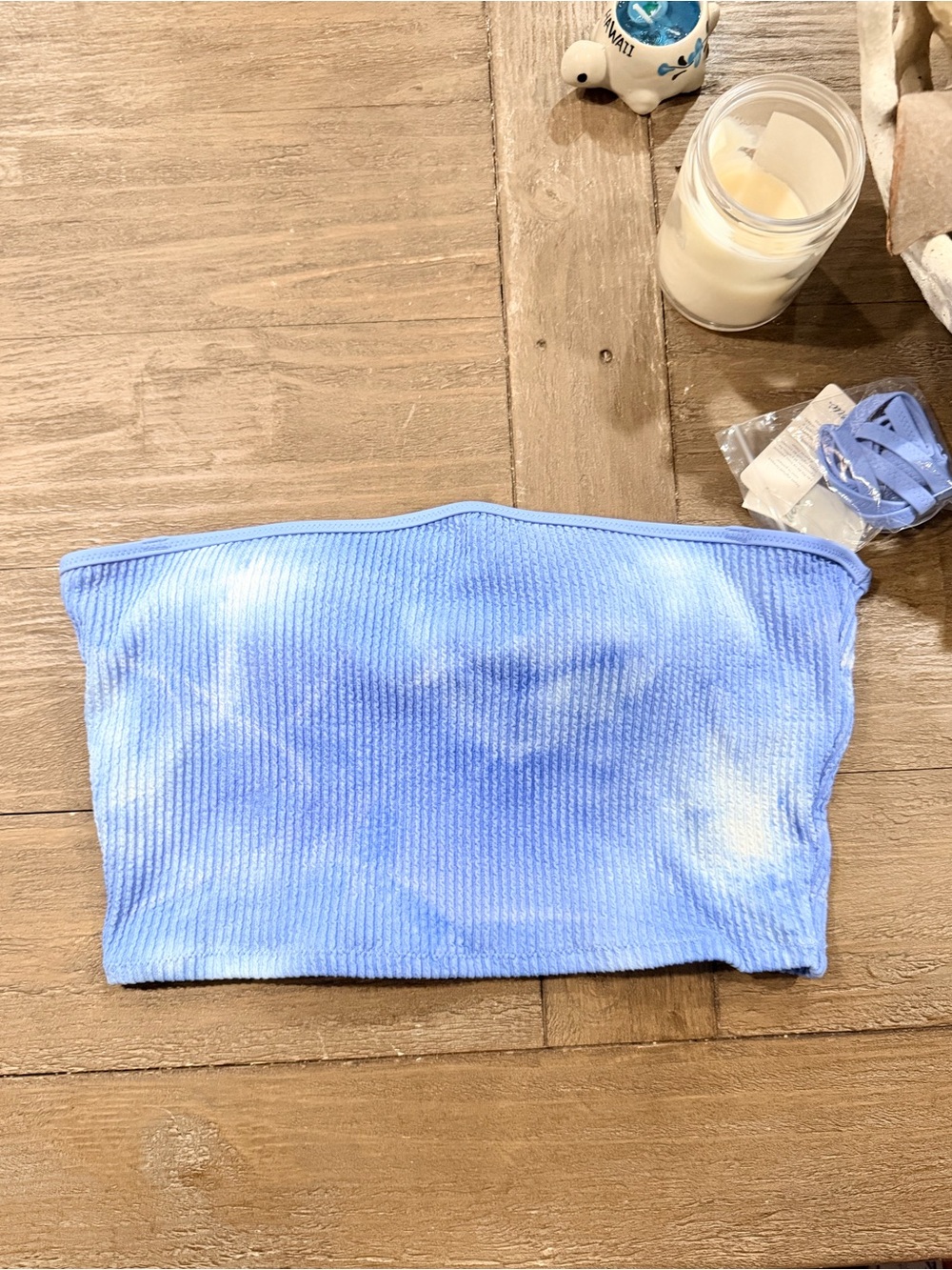 aerie Light Blue Tie-Dye Ribbed Strapless Bikini Top